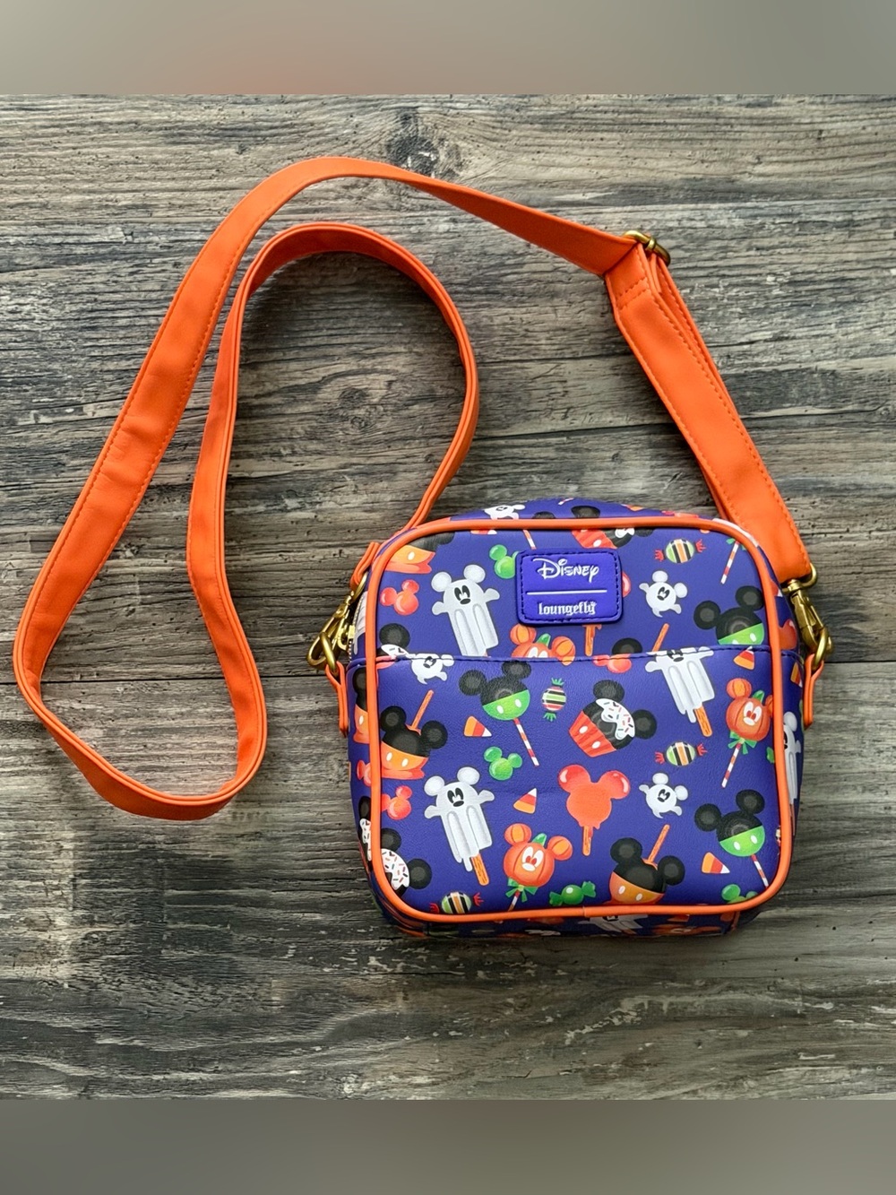 Disney Loungefly Mickey Halloween treats crossbody purse bag orange‎ & purple